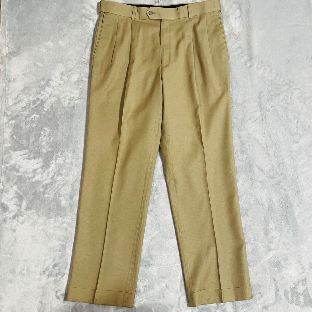 Stafford Dress Pants Mens 36x31 Worsted Wool Blend Tan Pleated Cuffed